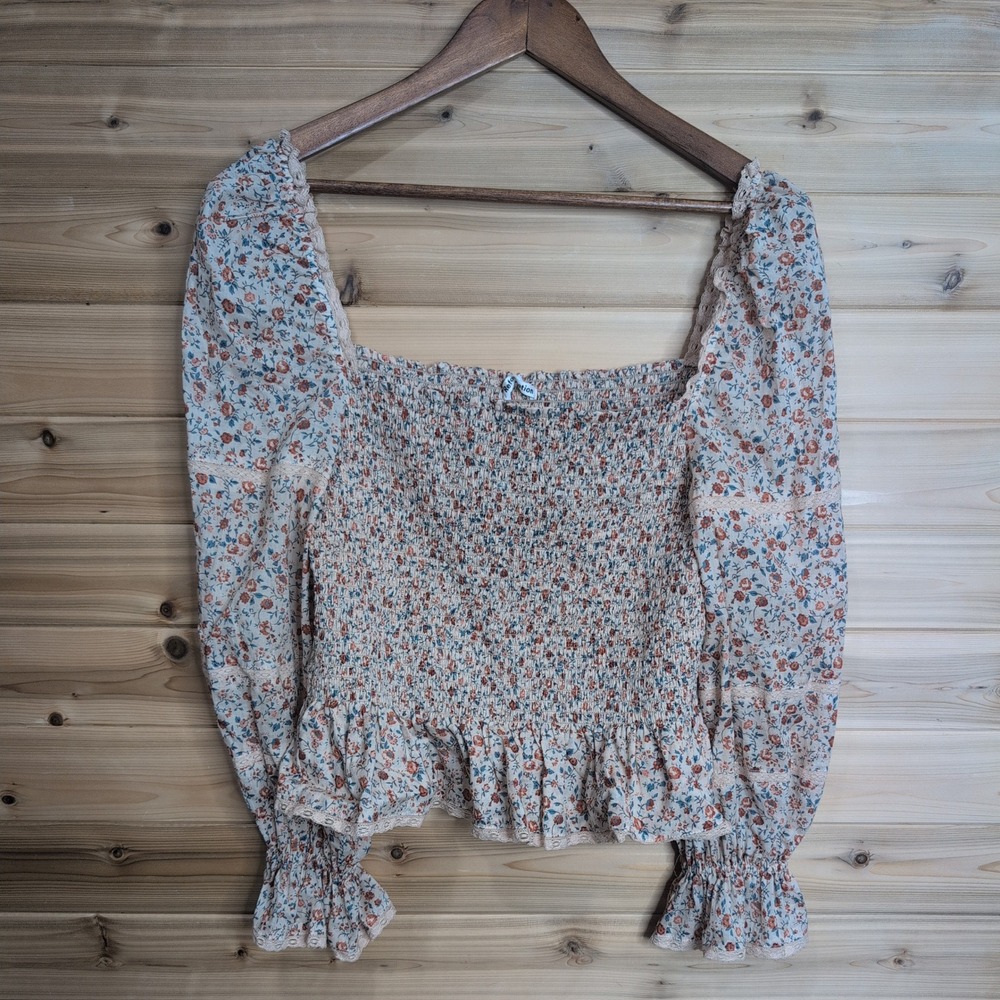Reformation Floral Smocked Organic Cotton Top XL Square Neck Lace Puff Sleeve